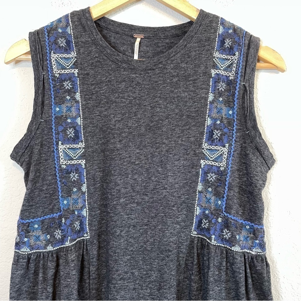 Free People Marcy Tank Charcoal Gray Blue Embroidered Details Boho Shirt Sz SM - Picture 5 of 15